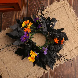 Corona de portavelas de Halloween con hojas negras y girasoles de simulación de colores