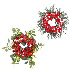Corona de velas de eucalipto artificial con bayas rojas para decoración de Navidad