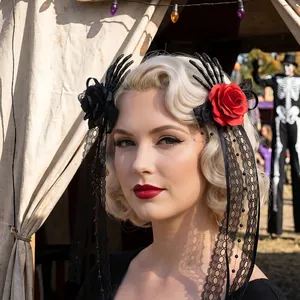 Gothic Halloween skeleton hand hair clips with red roses and black lace streamers