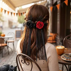 Halloween skeleton hand hair clips with red and black roses and long black lace streamers