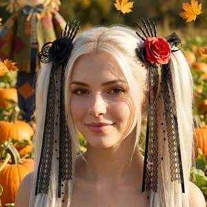 Halloween skeleton hand hair clips with roses and long lace ribbons for party wear