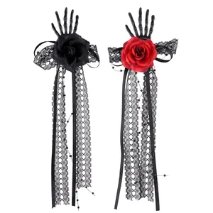 Halloween skeleton hand hair clips with red and black roses and long lace streamers