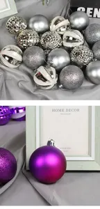 Texturas detalladas de bolas de Navidad de 6 cm en plata y morado con acabado de purpurina.