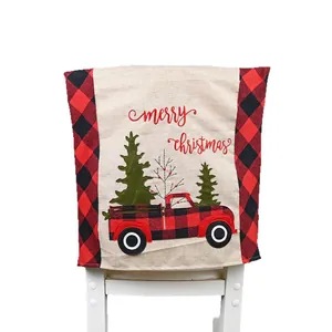 Festive Christmas chair back cover featuring red and black buffalo plaid truck and trees
