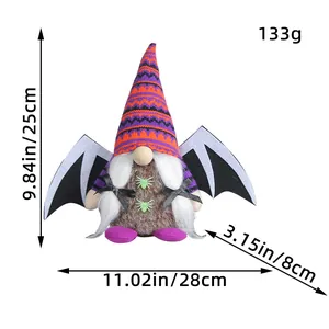 Halloween faceless gnome plush doll with purple bat wings and knit hat, size 28x25x8cm
