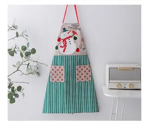 Christmas burlap apron with snowman design and green striped pockets for kitchen cleaning