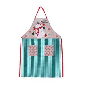 Festive Christmas linen apron with a snowman pattern, green stripes, and double pockets