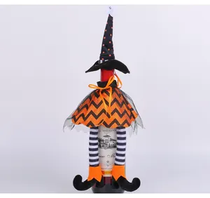 Witch-themed Halloween wine bottle cover with pointed hat and long striped legs