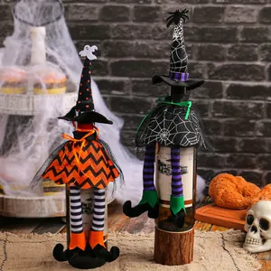 Halloween witch wine bottle covers with pointed hats and decorative long dangling legs