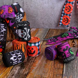 Cintas decorativas de Halloween con patrones de calabaza y calavera en yute