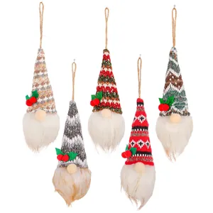 Set of 5 Christmas gnome plush hanging ornaments with knitted hats and fur beards