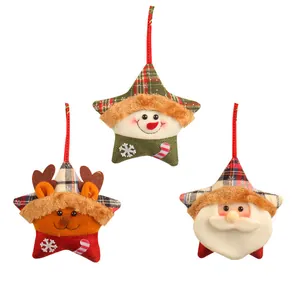 Set of three festive plush star hanging ornaments featuring Santa, reindeer, and snowman