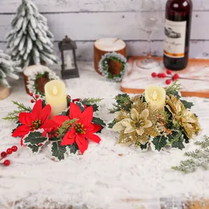 Christmas Poinsettia Candle Ring Artificial Gold Flower Wreath With Glitter Pine Needles And Berries For Holiday Table Centerpiece Decor