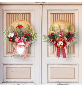 Two Christmas bamboo basket wreaths with Santa and Reindeer ornaments for door decor