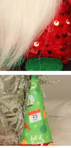 Dettaglio dello gnomo di Natale con corpo di paillettes e cappello verde stampato