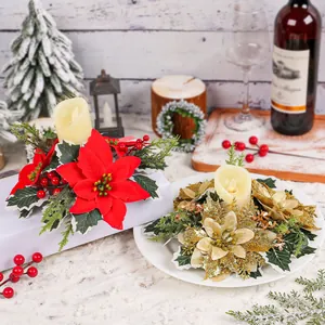 Festive Christmas poinsettia candle holder rings with cream candles for table decor