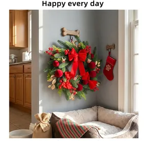 Close-up of a festive Christmas wreath featuring plush red velvet bows and reindeer