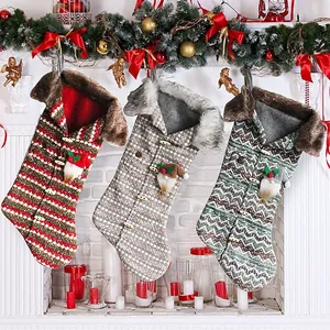 Classic Knit Christmas Stocking Gift Bag Plaid Striped Pattern With Faux Fur Trim And Gnome Decor Hanging Holiday Party Ornament