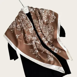 Elegant 90cm brown silk square scarf with white ink wash floral and bird design