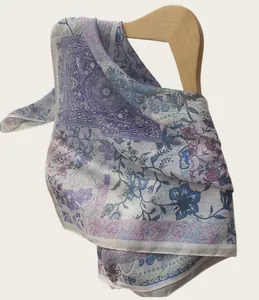 Detail view of a soft artistic floral square scarf with elegant Chinese-style patterns