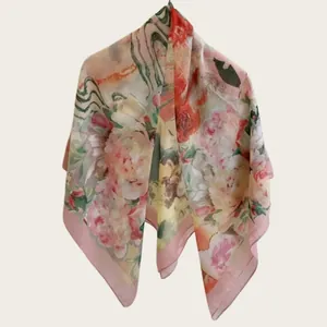 Elegant floral print silk cotton square scarf shawl for sun protection and travel