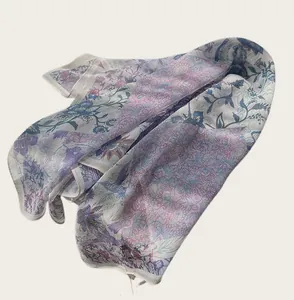Detail of a Chinese style oil painting floral square scarf in purple and blue