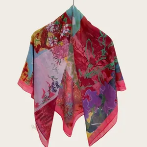 Full pattern detail of 110cm floral print silk cotton square scarf for sun protection