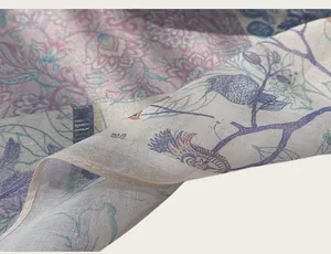 Close-up macro detail of lightweight cotton scarf with artistic floral painting print