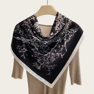 Elegant 90cm black and white floral ink-wash silk square scarf for women in literary style