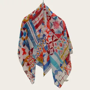 Lightweight colorful abstract print silk cotton square scarf for women in pastoral style