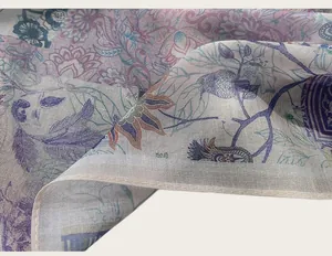Close-up macro detail of Chinese style oil painting floral print on soft cotton scarf fabric
