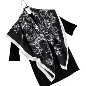 90cm elegant ink-wash style silk square scarf with artistic floral print for women's fashion