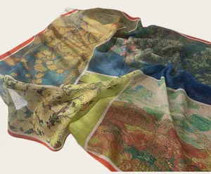 Close-up of lightweight cotton scarf with vibrant Van Gogh style oil painting print