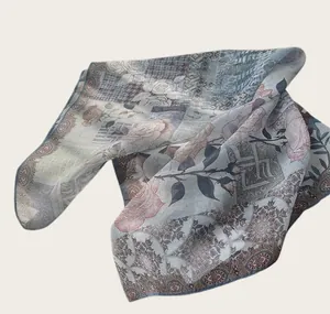 Close-up detail of soft cotton square scarf with vintage rose floral oil painting print