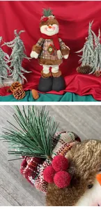 Macro detail of Christmas snowman doll showing plaid fabric, faux fur, and red pom-poms