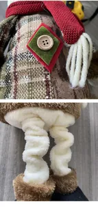 Close-up of telescopic legs and fabric textures of a Christmas snowman doll.