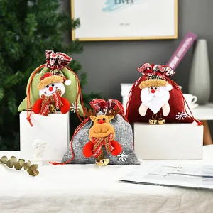 Bolsa de Regalo de Navidad Cordón Lino Bolsa de Caramelos Con Muñeco 3D Campanas Miniatura Borde de Cuadros Bolsas de Dulces Fiesta Envoltura Manzana