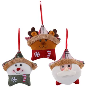 Set of 3 plush Christmas star hanging ornaments with Santa Claus, Snowman and Reindeer.