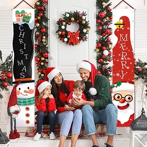 Festive Christmas porch banners with Santa and Snowman motifs in a warm family scene