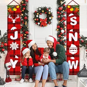 Festive red plaid Christmas porch banners featuring JOY and SNOW letter designs