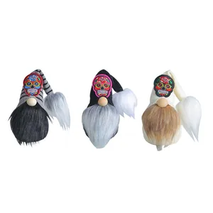 Decorative set of 3 Halloween sugar skull gnomes with colorful embroidery and faux beards