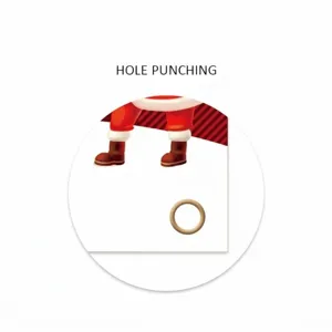 Close-up detail of the reinforced metal hole punching on a Christmas gnome door banner.