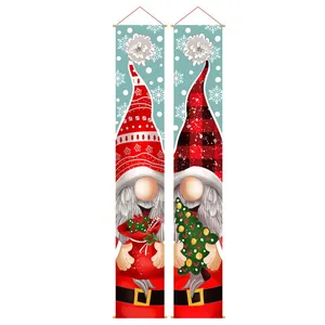 Festive Christmas gnome hanging banners with red plaid and snowflake designs for door decor