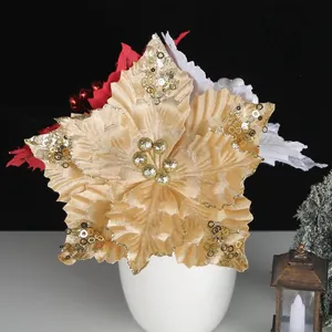 Flor de Pascua artificial dorada brillante con lentejuelas para una decoración navideña