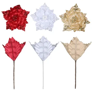 Set de flores de Navidad artificiales rojas, blancas y doradas con tallos para árbol