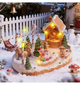 Detailed view of the glowing gingerbread man music box set in a snowy Christmas scene