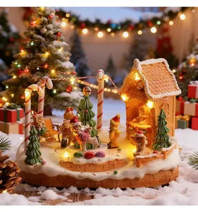Intricate details of a glowing gingerbread house music box with skating festive figures