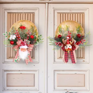Pair of festive bamboo basket Christmas wreaths with Santa Claus and Reindeer door decorations