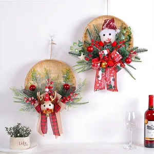 Handcrafted Christmas bamboo basket wreath set with reindeer and snowman decor