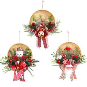 Set of 3 Christmas bamboo basket wreaths with Santa, Snowman, and Reindeer for door decor.
